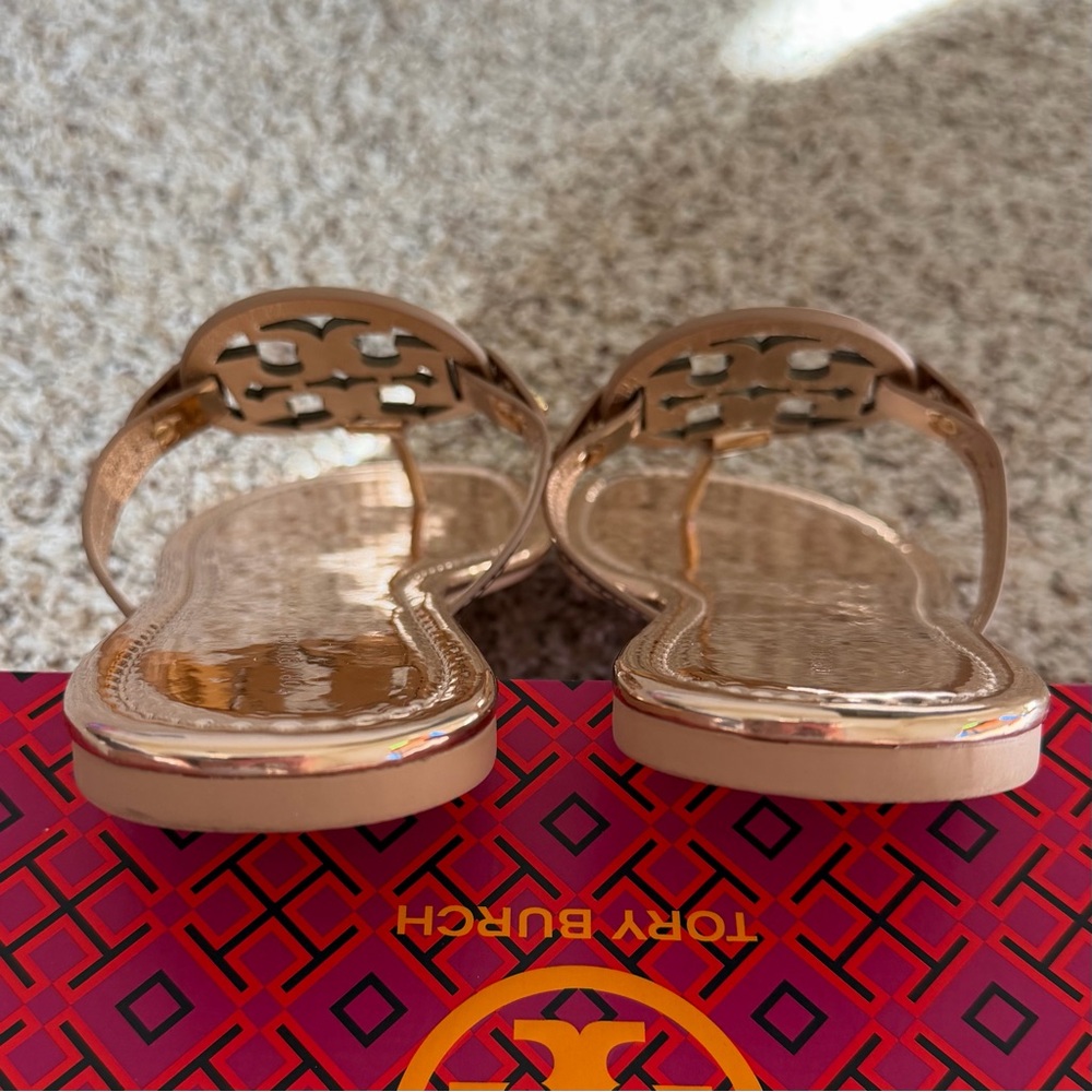 Tory Burch Rose Gold Mirrored Metallic Patent Leather Miller Sandal - Picture 9 of 13
